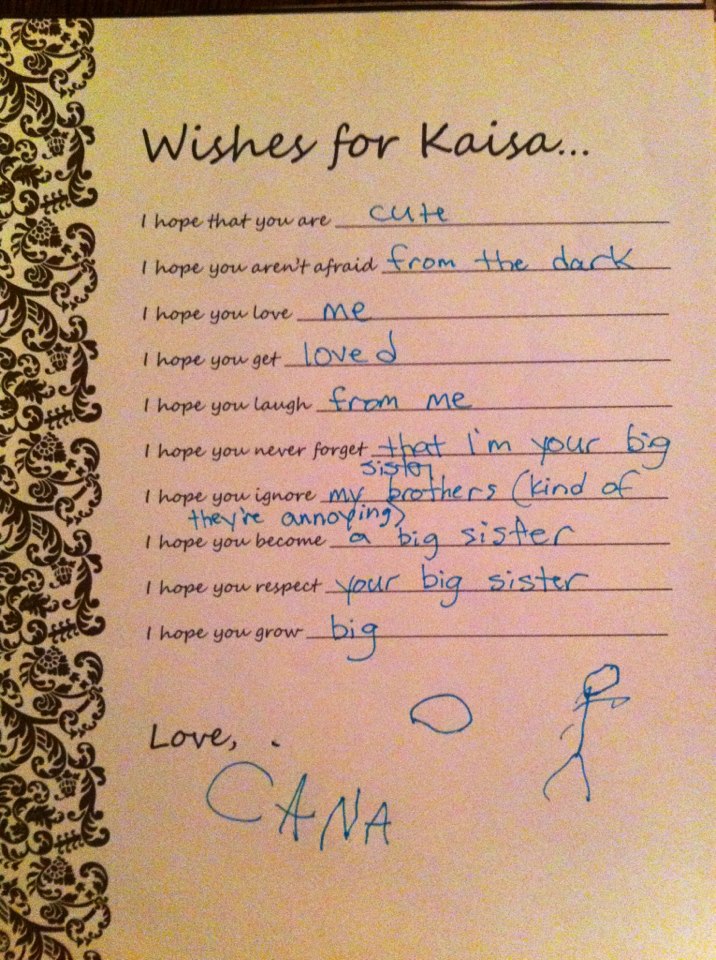 Filled out with help from Aunt Talia. I will keep this forever! 